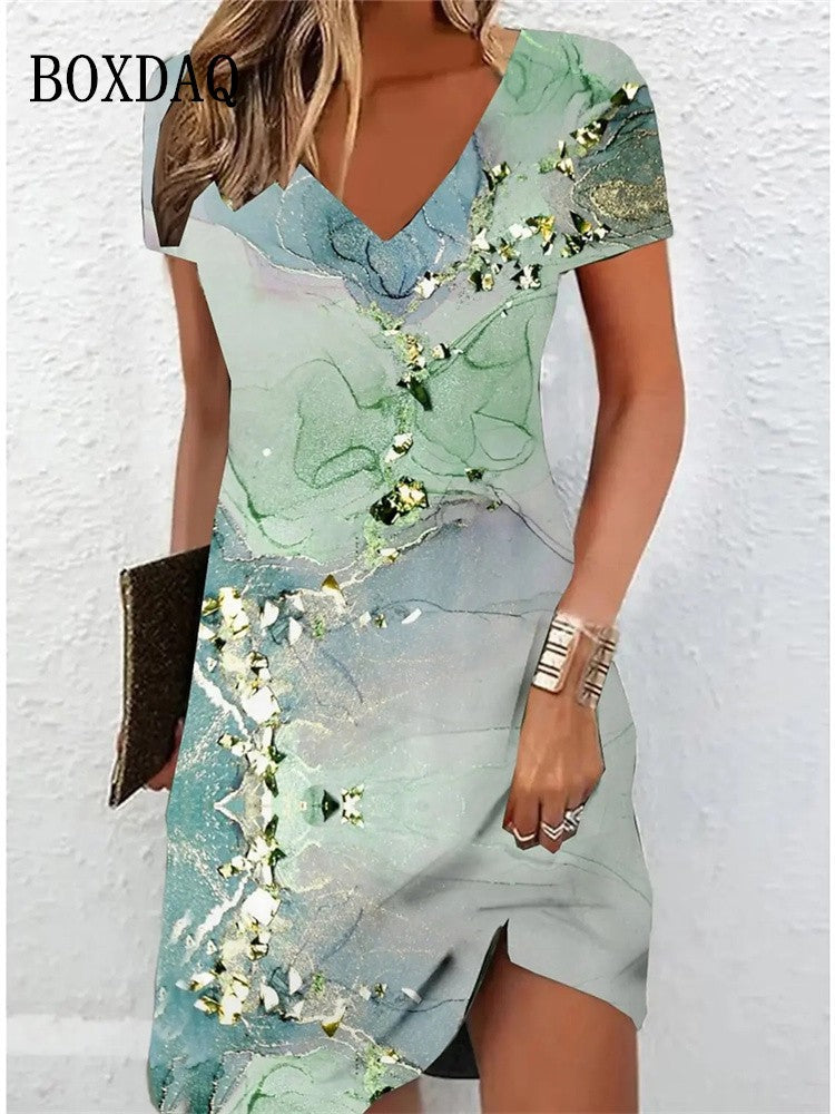 Women's Casual Dress Summer 2024 Marble Print V Neck Short Sleeve Midi Dress Tie