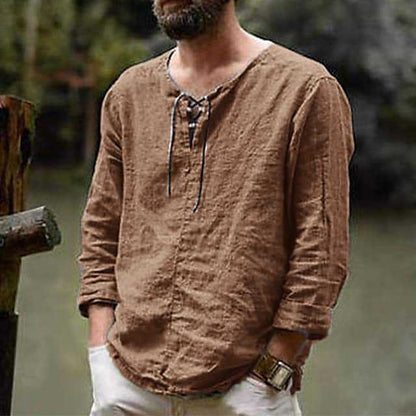 New Men's Cotton Linen shirt Male Solid Color V Neck bandage T-shirts Summer Men's Casual Long Sleeves Linen shirt Tops S-3XL