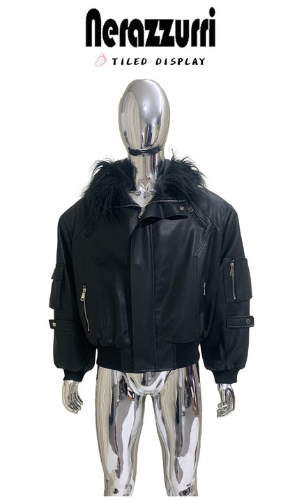 Mauroicardi Autumn Winter Short Oversized Black Warm Pu Leather Jacket Men with Faux Fur Trim Hood Loose Casual Korean Fashion