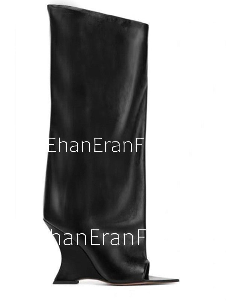 2025Ladies' Spring and Summer New Fish Mouth Slope High Heel Knee Boots, Fashionable Pointed Fashion Show Medium Cool Boots