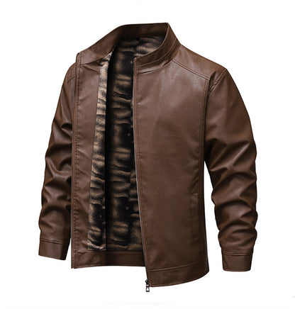 2025 New Men's autumn thin velvet leather jacket, warm and retro men's motorcycle jacket, outdoor casual PU leather jacket