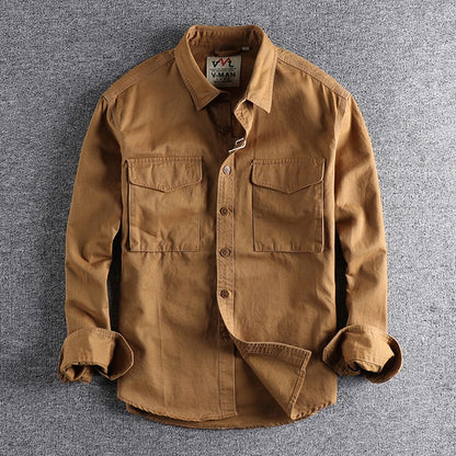 Spring New Japanese Retro Long-Sleeve Lapel Woven Cargo Shirt Men's Simple 100% Cotton Washed Double Pocket Casual Youth Blouses