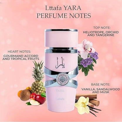 Lattafa Yara – baunilha, gourmand, frutas, floral – eau de toilette feminina, fragrância persistente, 3,4 oz/100 ml