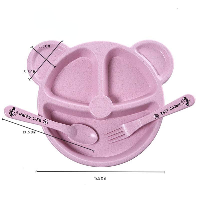 3-Piece Cute Divided Dining Plate for Children's Bowls Solid Color Fork Spoon Sucking Tableware Set with Wheat Material