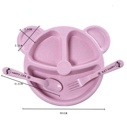 3-Piece Cute Divided Dining Plate for Children's Bowls Solid Color Fork Spoon Sucking Tableware Set with Wheat Material