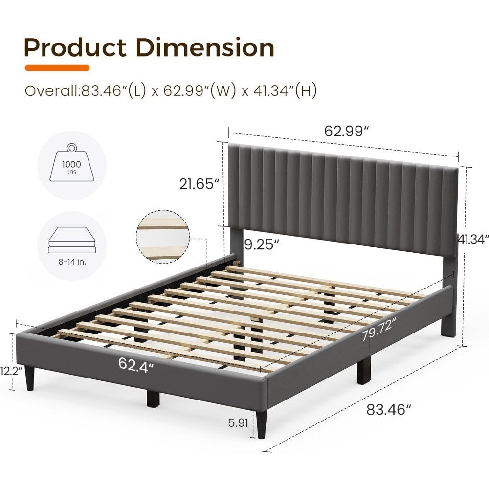 Estrutura de Cama Queen, Cama Plataforma Estofada em Veludo com Cabeceira, Forte Suporte de Ripas de Madeira, Sem Ruído, Suporte para Colchão