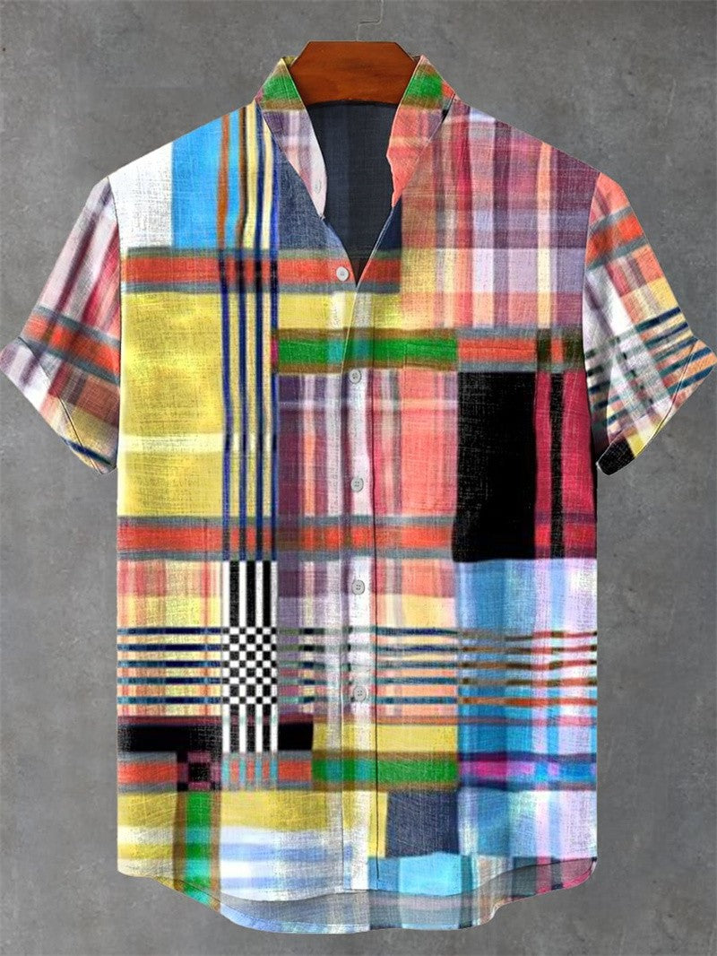 Men's Linen Short Sleeve Shirt Casual Top Single Button Vintage Cartoon And Art Cat Summer Print Top