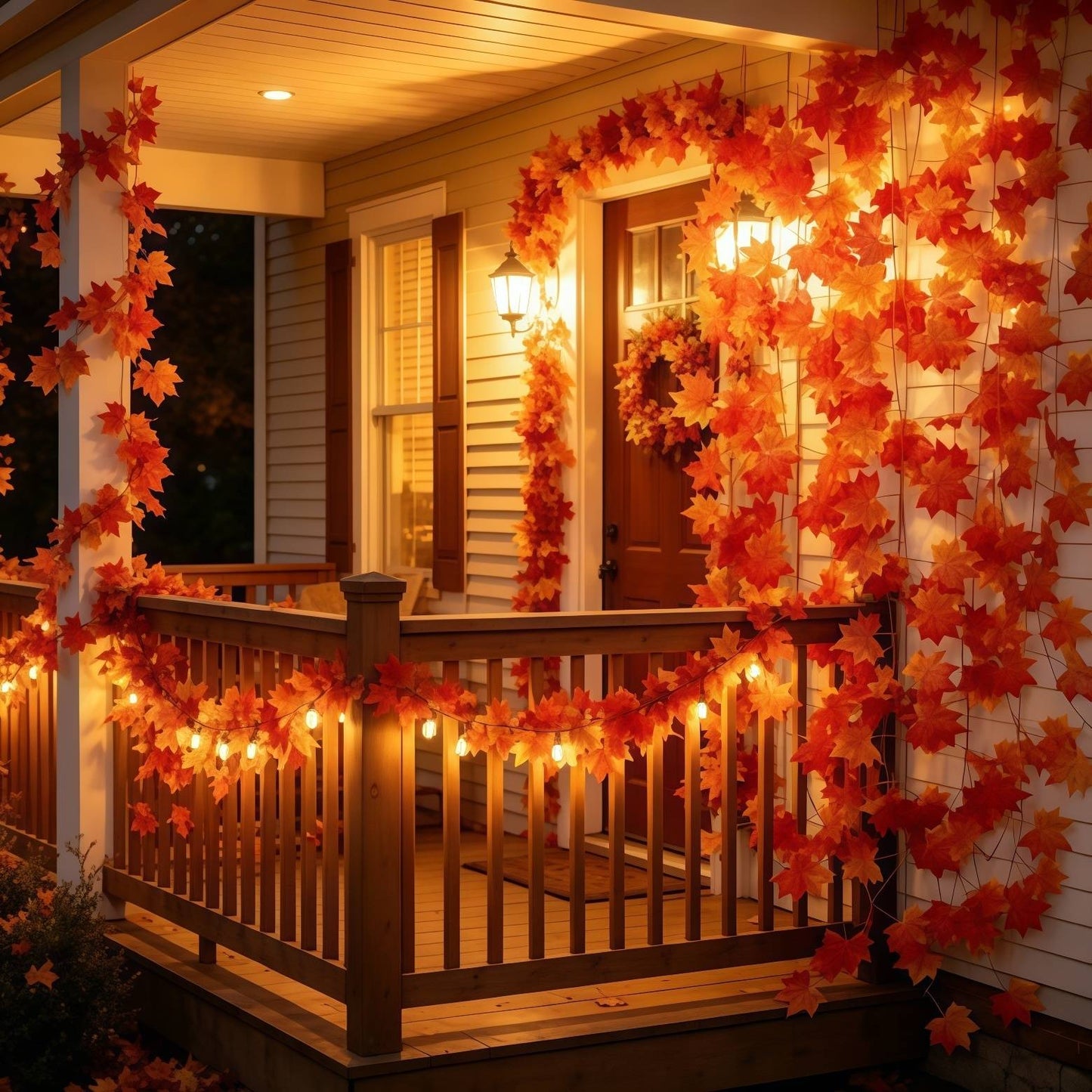 Autumn Faux Maple Leaf Vine Garland with Lights LED Thickened Maple Vine And Durable, Reusable Suitable Thanksgiving, Halloween