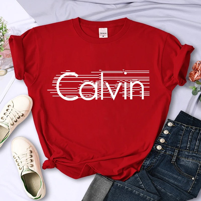 Women's summer 100% pure cotton fashionable casual loose Calvin letter pattern printed round neck short sleeved T-shirt top