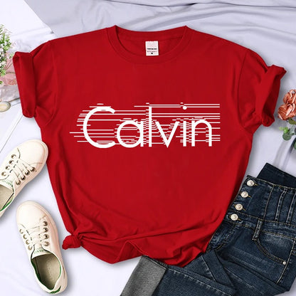 Women's summer 100% pure cotton fashionable casual loose Calvin letter pattern printed round neck short sleeved T-shirt top