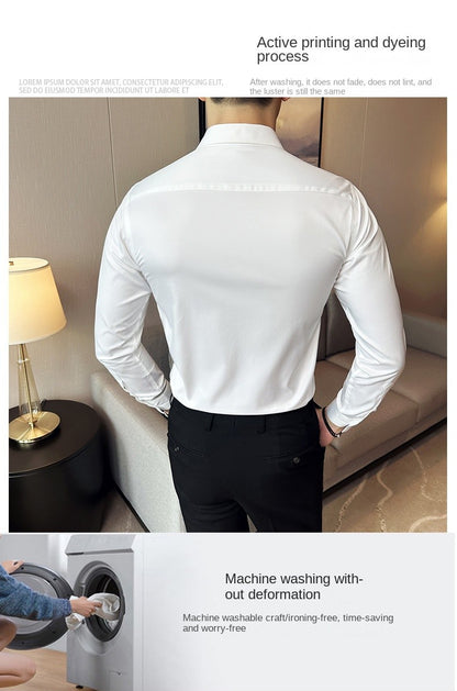 Seamless silk business casual shirt, long sleeved white non ironing elastic silk sliding cross shirt, men's formal wear