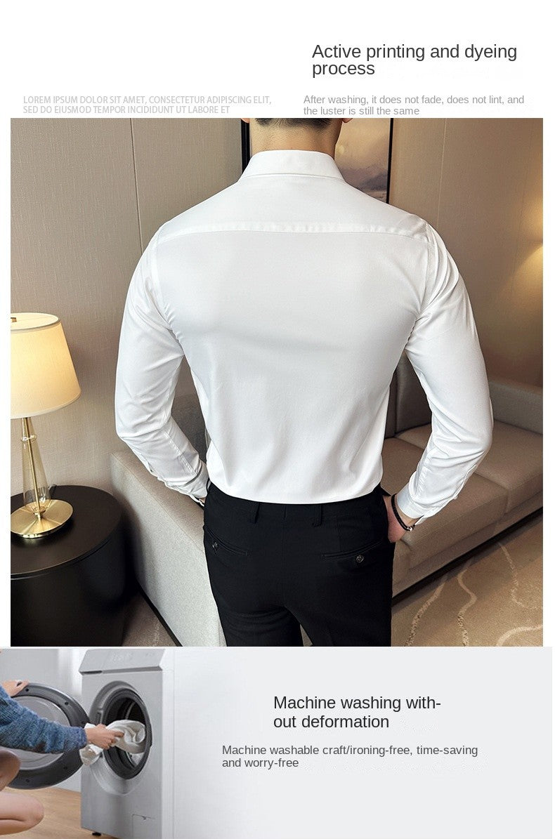 Seamless silk business casual shirt, long sleeved white non ironing elastic silk sliding cross shirt, men's formal wear