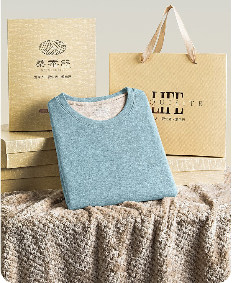 6760 Autumn Winter Keep Warm Slim Underwear Tops Pants For Men Good Quality Mulberry Silk Fleece Thicken Simple Male Sets Gift