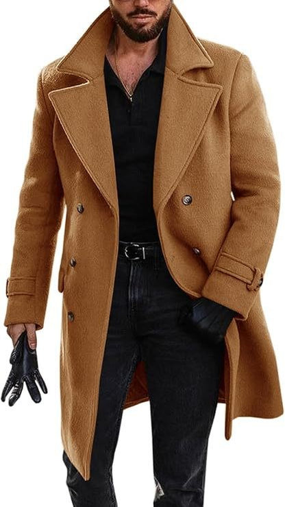 Sobretudo Masculino de Inverno Engrossado Manga Longa Casual de Negócios Quebra-vento Masculino Gola Virada Abotoamento Duplo Jaqueta Masculina Confortável