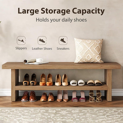 2 Tier Entryway Bench, 47.24" Shoe Bench, Rustic Shoe Rack, Wooden Storage Bench for Entryway Hallway Living Room Bedroom, Easy