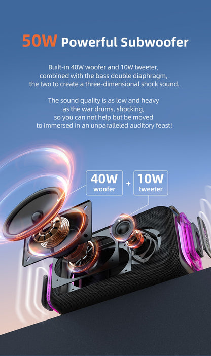 Caixa de som Bluetooth portátil 3D Zealot-S85 50W com diafragma duplo e alça à prova d'água IPX6 para ambientes externos