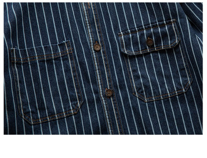 American Retro Workwear Long Sve Denim irt Loose Casual Striped ket irt Youth Trend Autumn Wear Iron Free