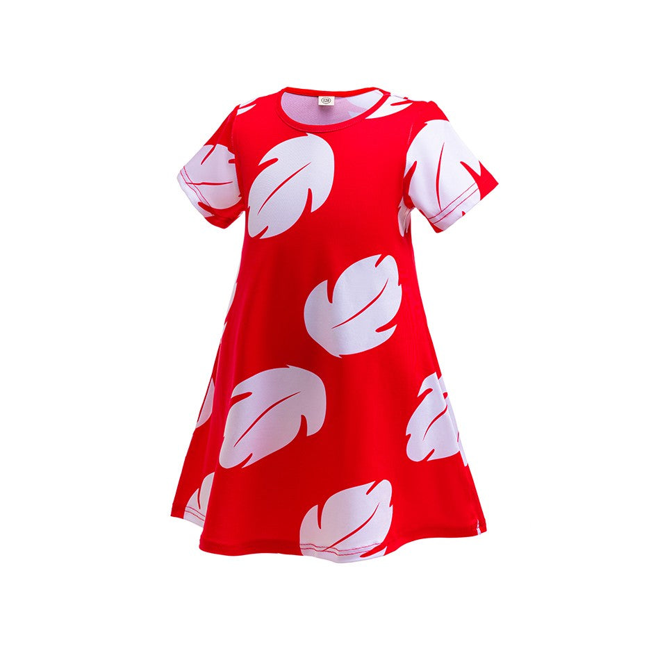 Disney Lilo Costume Girl Cosplay Red Dress Short Sleeve Pajamas Hawaiian Printed Dress Summer Beach Outfit + Stitch Doll Set