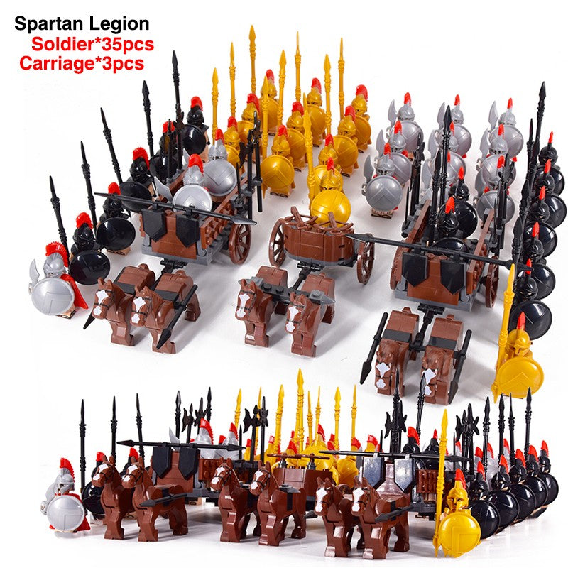 Castelo Medieval Cavaleiros Guerreiros Espartanos Cruzados Legião Romana Infantaria Cavalo de Guerra Carruagem Blocos de Montar Brinquedo de Figuras