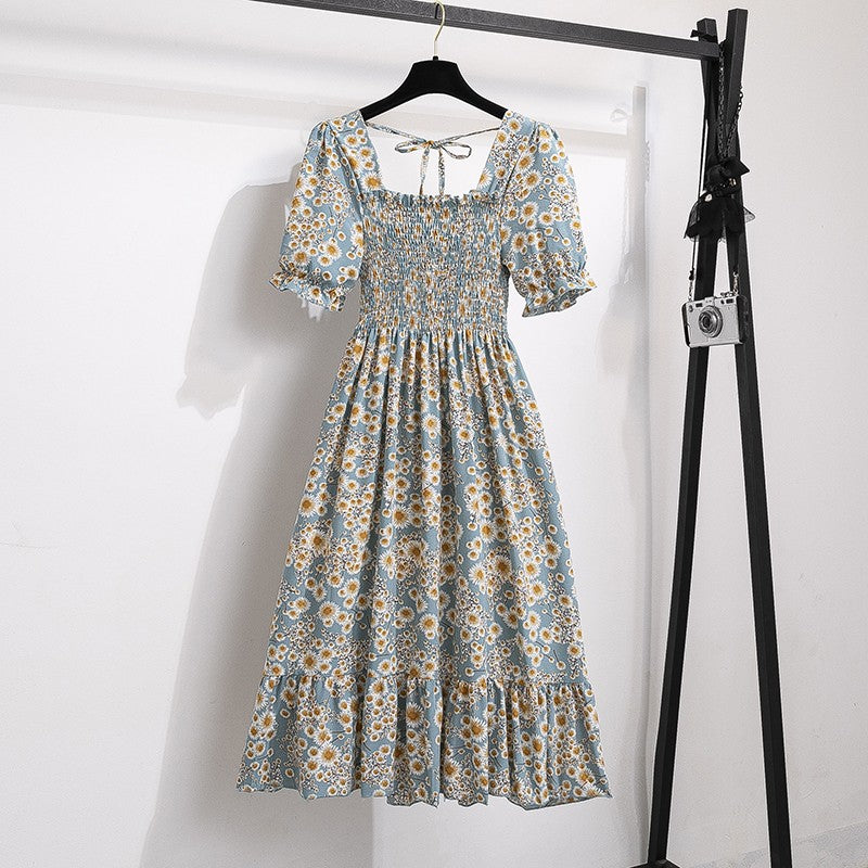 Summer Pleated Women Chiffon Dresses Casual Beach Holiday Short Sleeve Square Co
