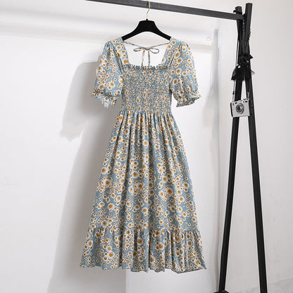 Summer Pleated Women Chiffon Dresses Casual Beach Holiday Short Sleeve Square Co