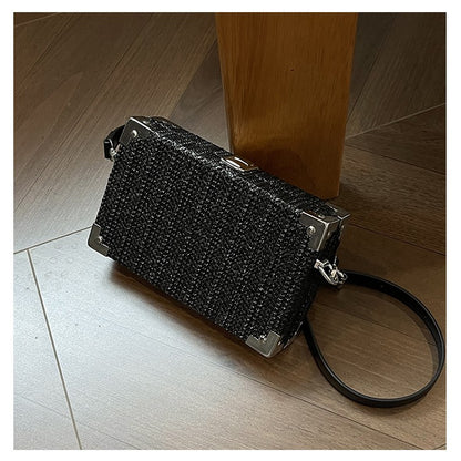 Couple's Sling Bag Straw Weaving with Corner Metal Decoration Boxy Shape Doctor Bag for Date Back to School Party Shoulder Bag