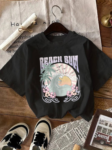 Short-sleeved T-shirt with waves and letters print Casual beach style Suitable for women's daily and outing wear in all season