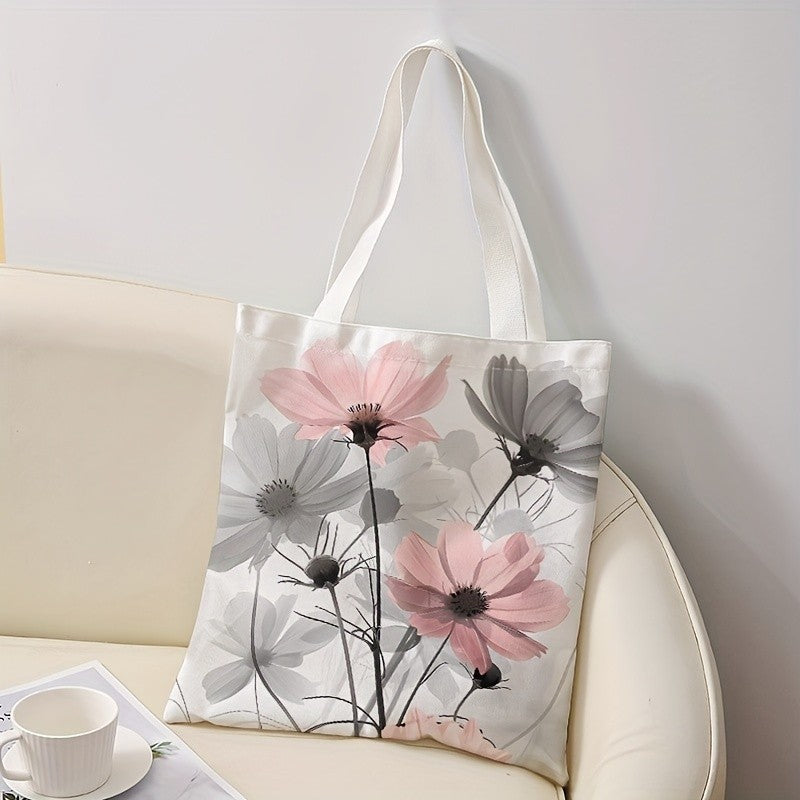 Floral Letter Pattern Printed Tote Bag Fashionable Reusable Shoulder Bag Polyester Handbag Lightweight Casual Shopper Bag