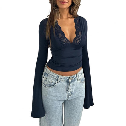 Women's Blouses Sexy Lace Deep V Neck Long Bell Sleeves Top Slim Fit Low Cut Sheer Mesh Shirt For Spring Fall Women's Clothing