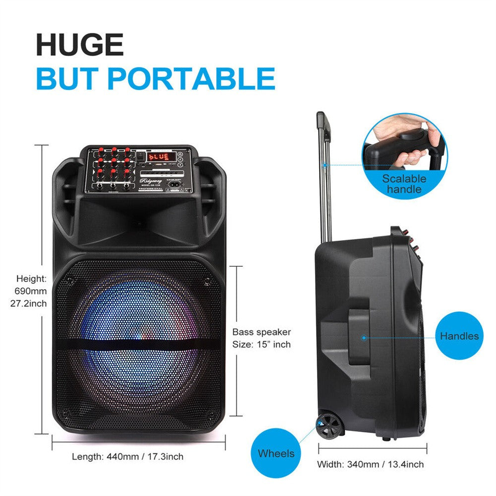 Caixa de Som Bluetooth Portátil 9000W Subwoofer 15” Graves Potentes Sistema de Festa AUX & Microfone Luz LED Karaokê de Alta Qualidade e Som Alto