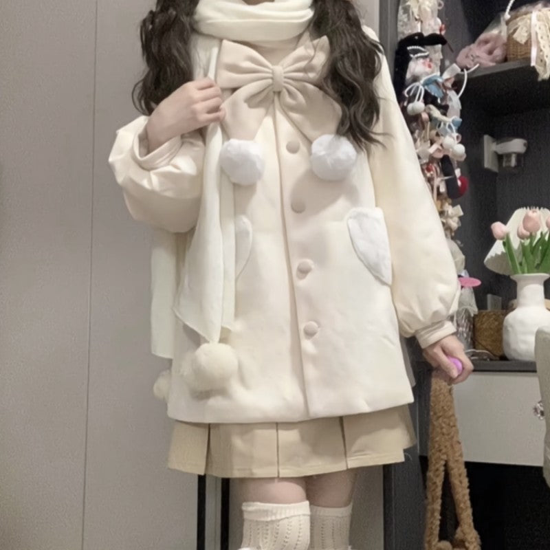 Japanese Sweet Bow Sailor Collar Black Tweed Coat Fashion All-match Jk Jackets for Women 2025 Autumn New Long Sleeve Tops Mujer