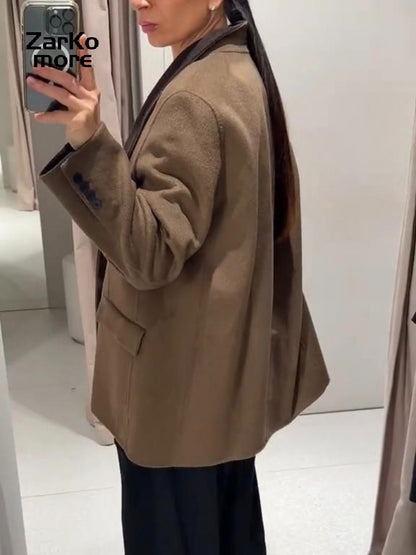 Fashion Brown Wool-blend Coat Women Stand Collar Long Sleeve One Button Pocket Warm Jacket 2025 Autumn Lady Chic Outwears New
