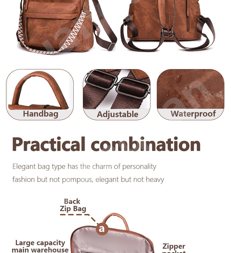 Women's Waterproof and Anti-theft PU Leather Large Capacity Retro Travel College Style Laptop Backpack Shoulder Bag Handbag