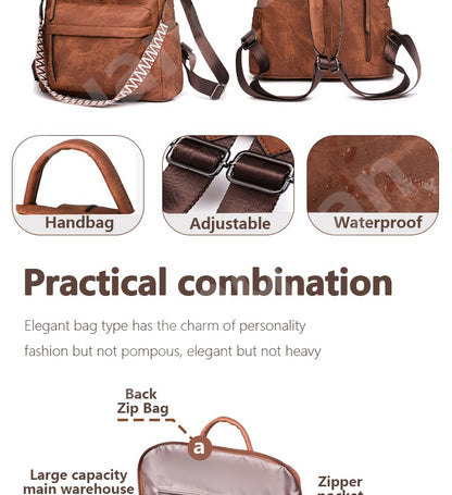 Women's Waterproof and Anti-theft PU Leather Large Capacity Retro Travel College Style Laptop Backpack Shoulder Bag Handbag