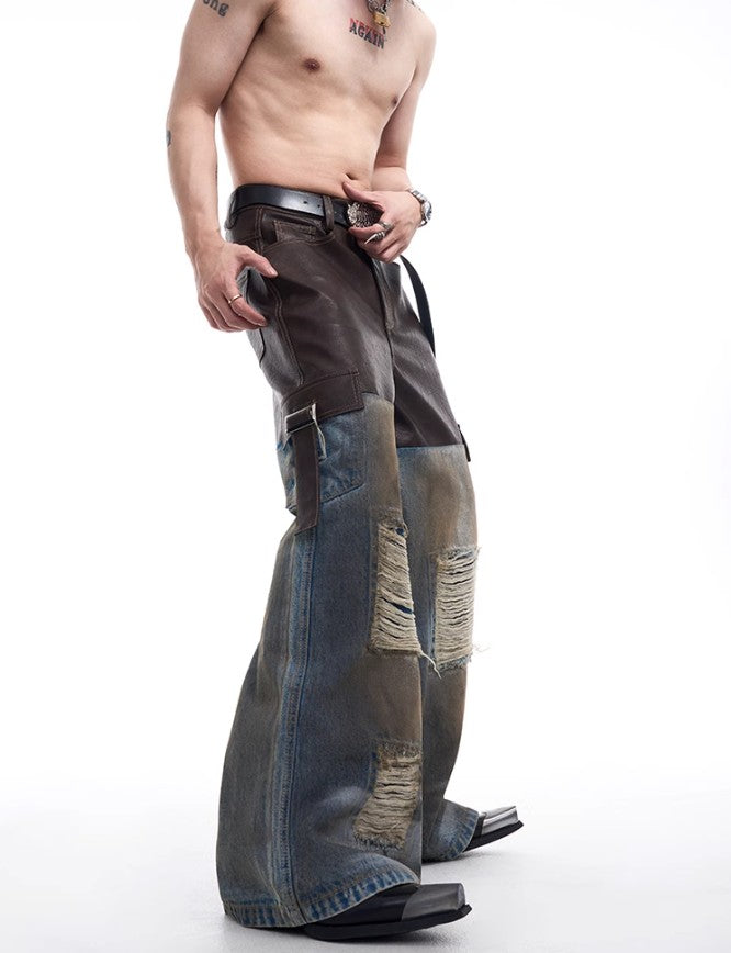 2024 American vintage do old piece-leather destruction denim jacket men fall dirty jacket