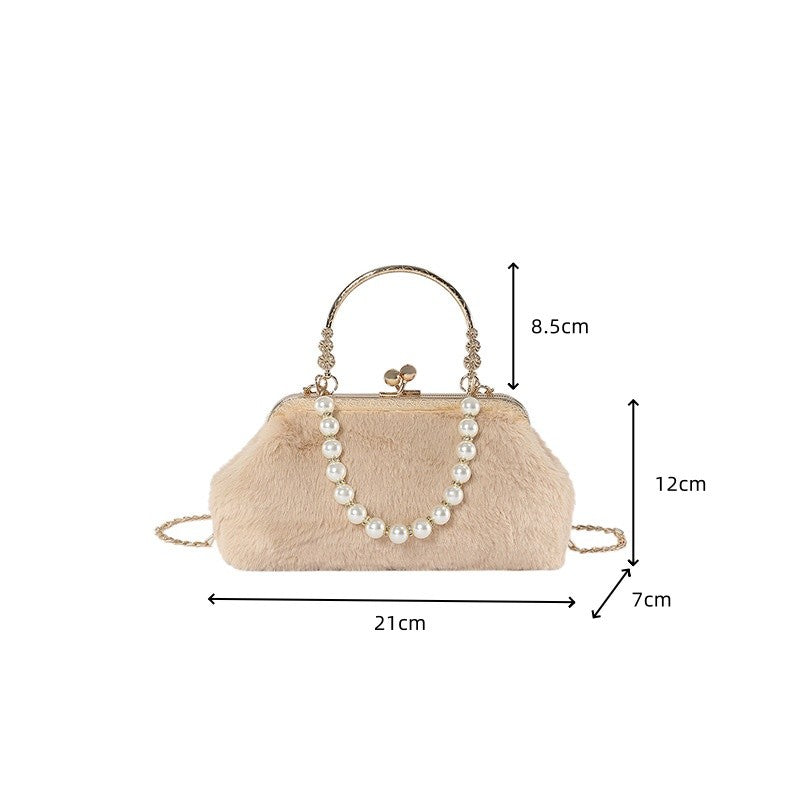 New suede pearl fashionable handbag small shoulder bag,metal handle highlights noble temperament,pearl chain adds elegant charm