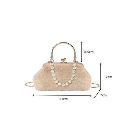 New suede pearl fashionable handbag small shoulder bag,metal handle highlights noble temperament,pearl chain adds elegant charm
