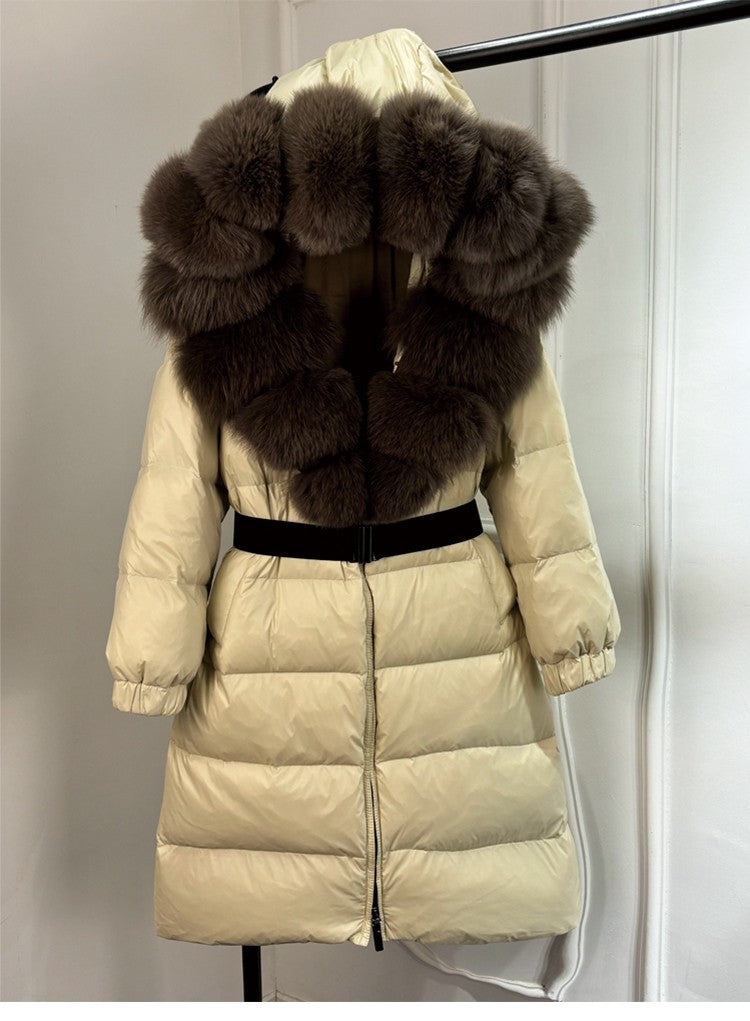 Janveny New Natural Thick Warm 90% White Duck Down Coat Long Winter Jacket Women Real Big Fox Fur Collar Belt Loose Puffer Parka