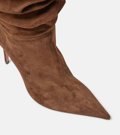 Women's New Pointed Pleated High-heeled Knee High Boots, Autumn and Winter Suede Thigh Boots, Women's Plus Size Stacking Boots