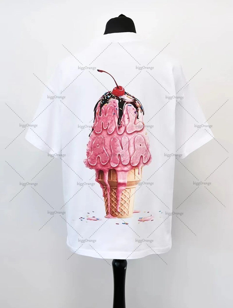 2025 summer new Harajuku street style ice cream print short sleeve cotton T-shirt men Y2k top Gothic style loose couple shirt