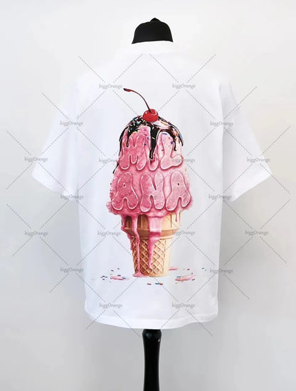 2025 summer new Harajuku street style ice cream print short sleeve cotton T-shirt men Y2k top Gothic style loose couple shirt