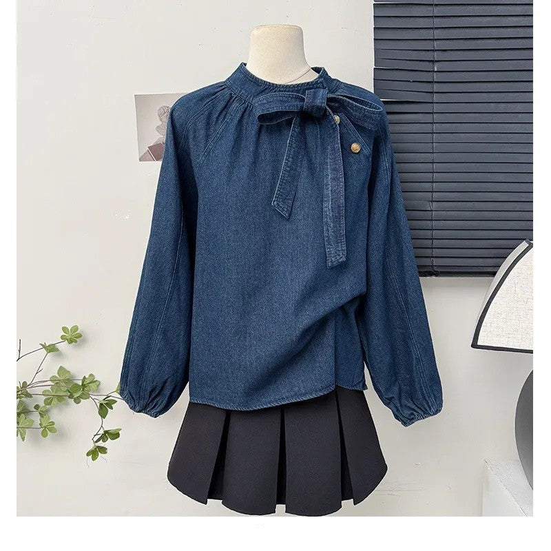 French Vintage Butterfly Knot Belted Bubble Sleeve Shirt Women Spring 2025 New Fashion Ageless Loose Stand Collar Top