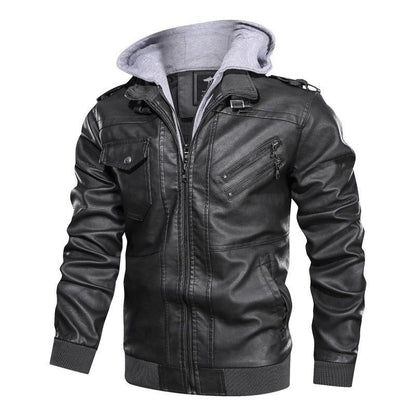 Spring Autumn Motorcycle Leather Jacket For Men Slim Fit Zipper Retro PU Coat Casual Fake Two Piece Hooded Leather Jacket