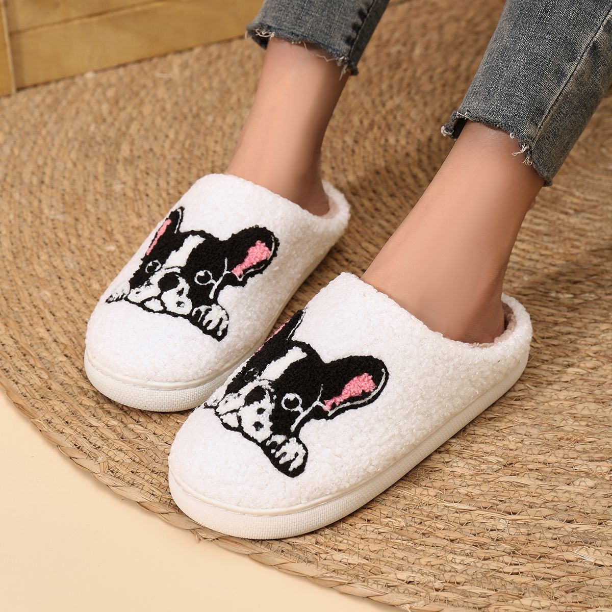 Platform Fluffy Slippers Women House Plush Cartoon Dog Designer Winter Shoes Girls Flats Home Fashion Casual Footwear Large Size