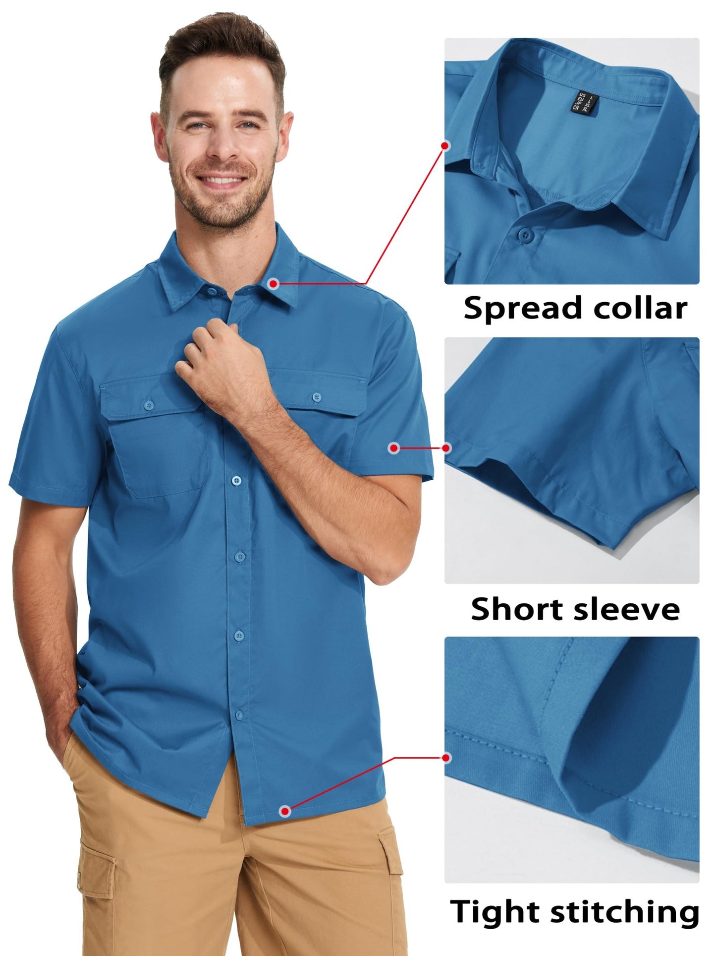 TACVASEN Quick Dry Short Sleeve Shirts Mens Casual Button Up Cargo Shirt Summer Hiking Fishing Trekking Work Shirts Outdoor Male