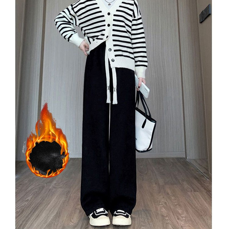 Winter Lady High Waisted Fleece Pants Girls Warm Thermal Straight Leg Trousers Female Classic Solid Drawstring Pants
