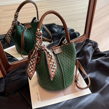 Women's Woven Bucket Bag.Deep Brown/Beige/Green/Black.Detachable Strap,Durable & Easy Clean.For Travel & Formal Events.Shop Now!