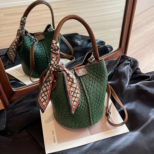 Women's Woven Bucket Bag.Deep Brown/Beige/Green/Black.Detachable Strap,Durable & Easy Clean.For Travel & Formal Events.Shop Now!