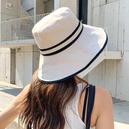 Women Summer Wide Brim Striped Bucket Hat Soft Cotton Fordable Panama Cap For Lady Outdoor Solid Color JK Beach Tour Basin Hat