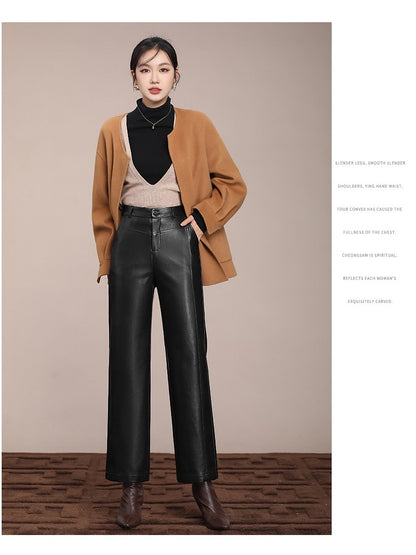 ZUZK Winter Pu Leather Pants New Elastic Waist Straight Pants PU Leather Trousers Large Size Fashion Warm Long Pants